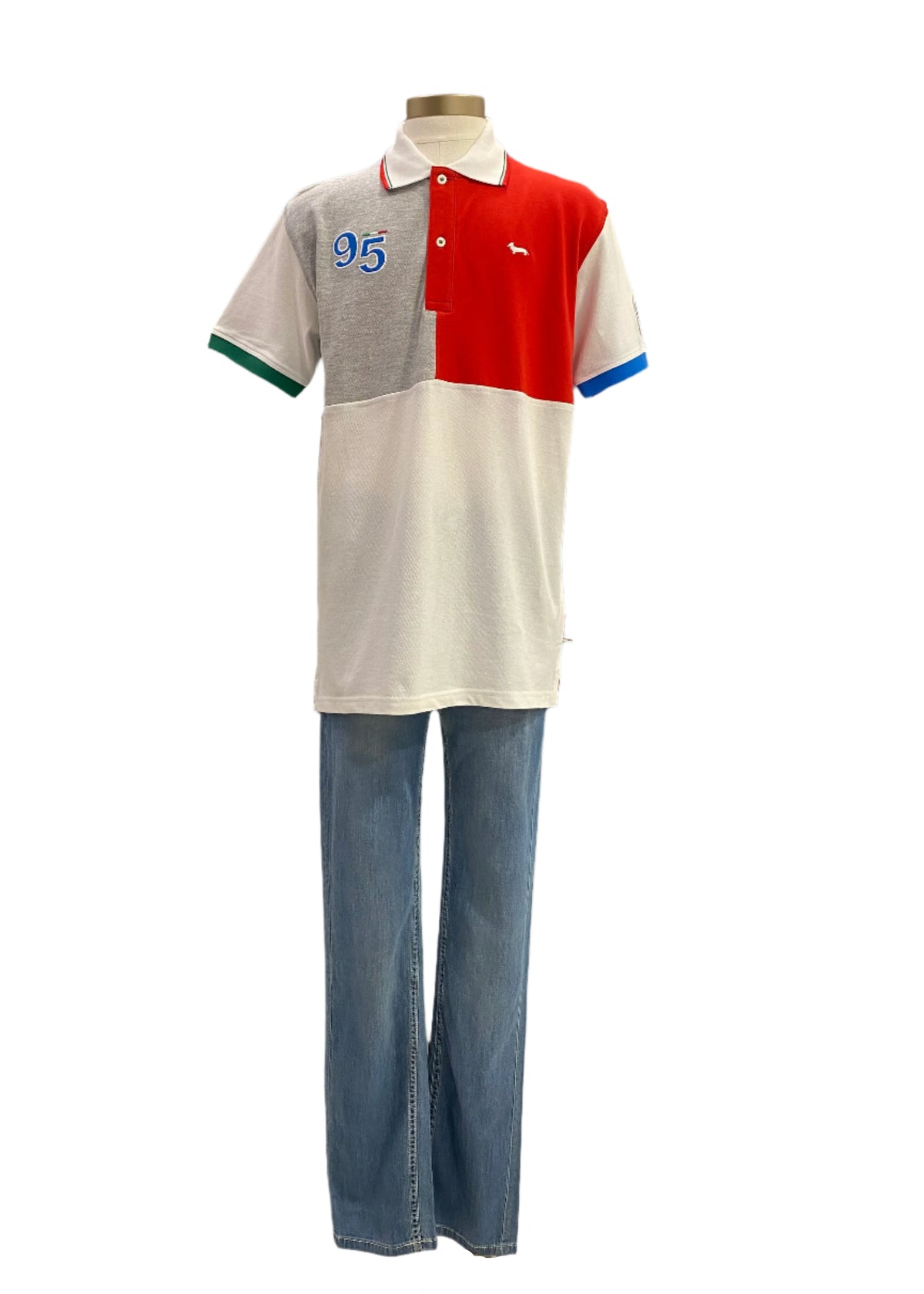 Blue Red White Colour Block with Embroidery and Stripe Design Top and Trouser Set