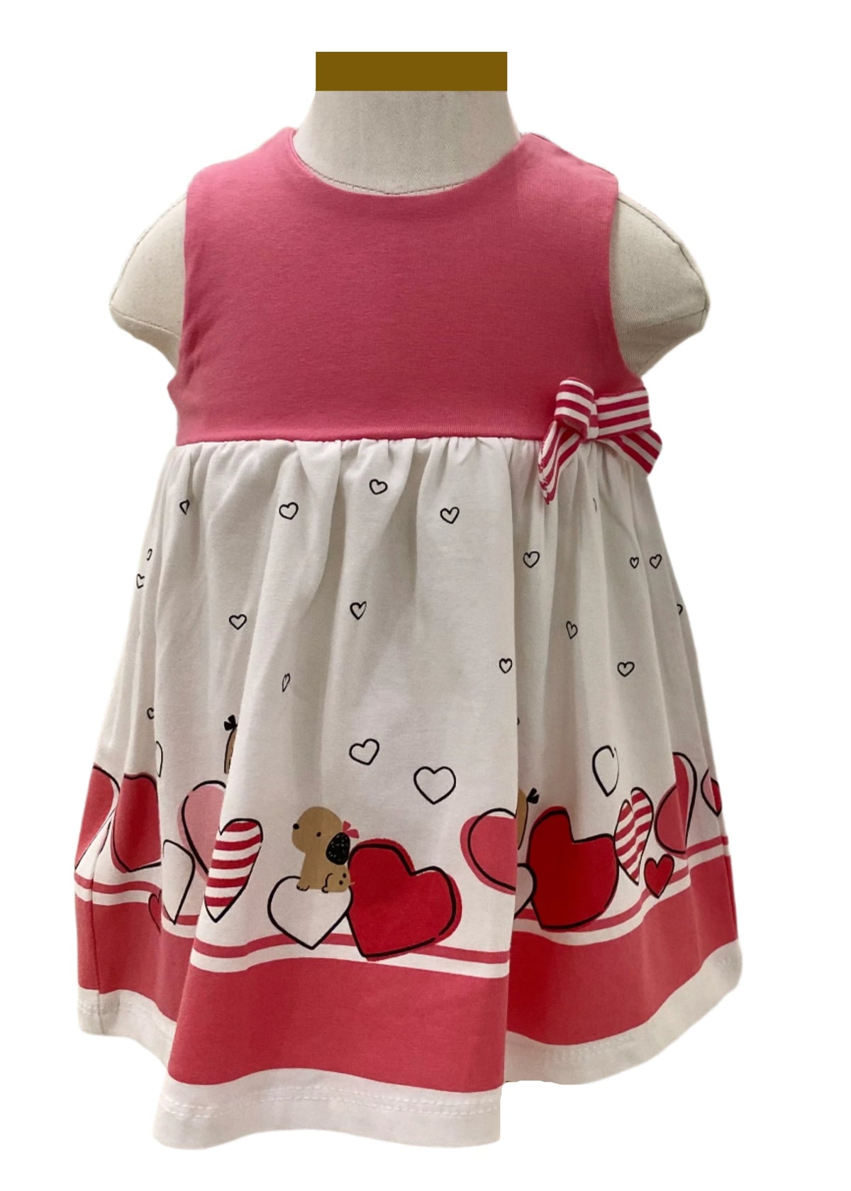 Pink White Flare Cotton Dress with Stripe Bow Applique