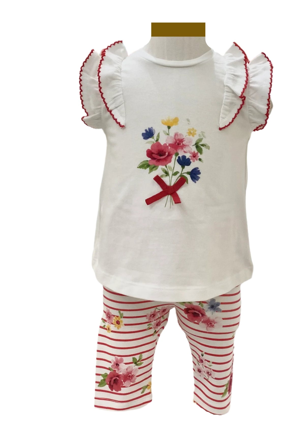 White Pink Stripe Floral Printed Leggings Set