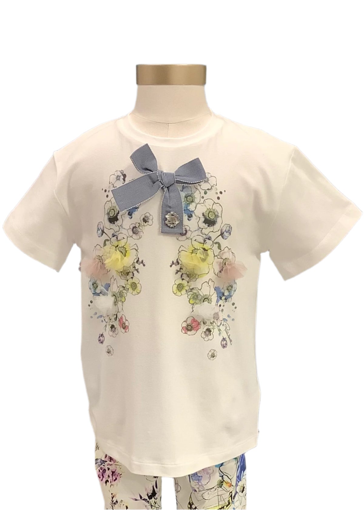White Multi Floral Prints with Bow Short Sleeve T-Shirt