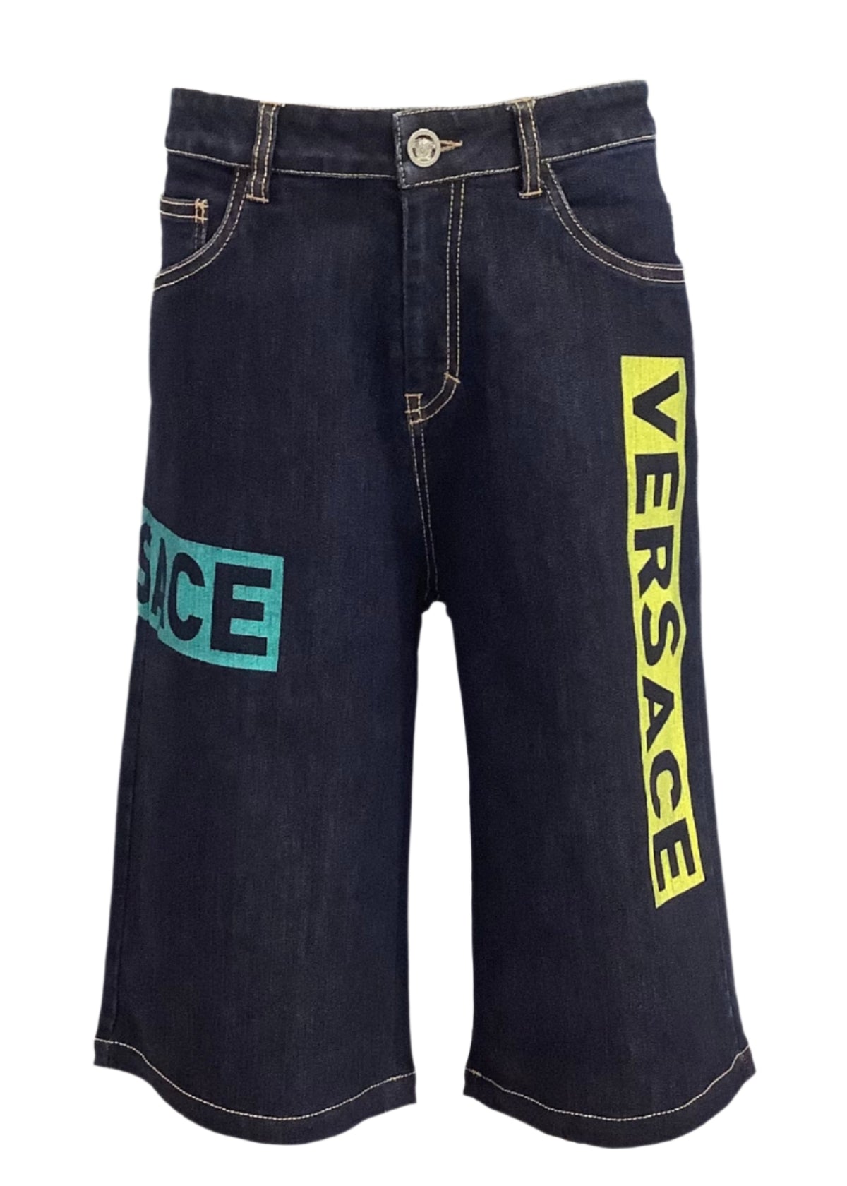 Blue Multi Colored Patch Bermuda Shorts