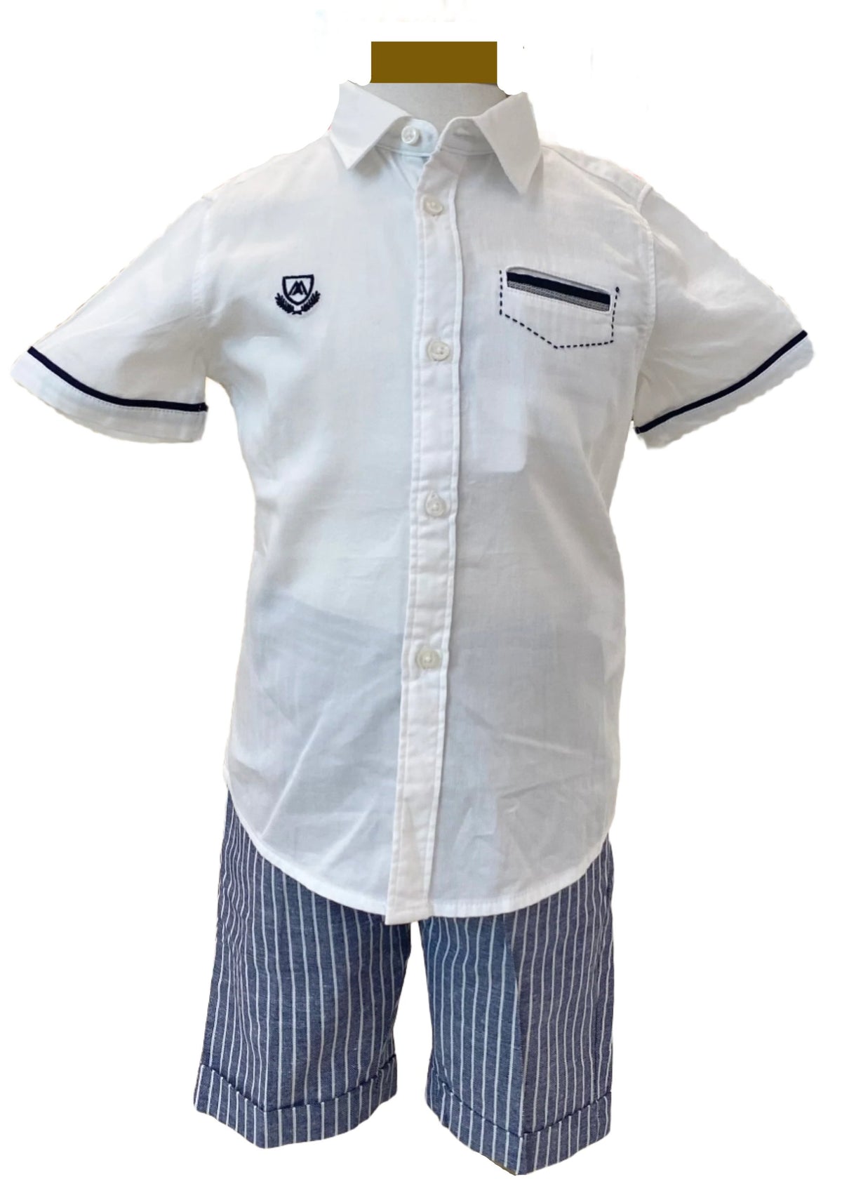 Button Shirt with Wreath Embroidery and Stripe Bermuda