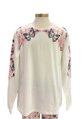 White Black Pink Leaves and Butterfly Print Long Sleeve T-Shirt