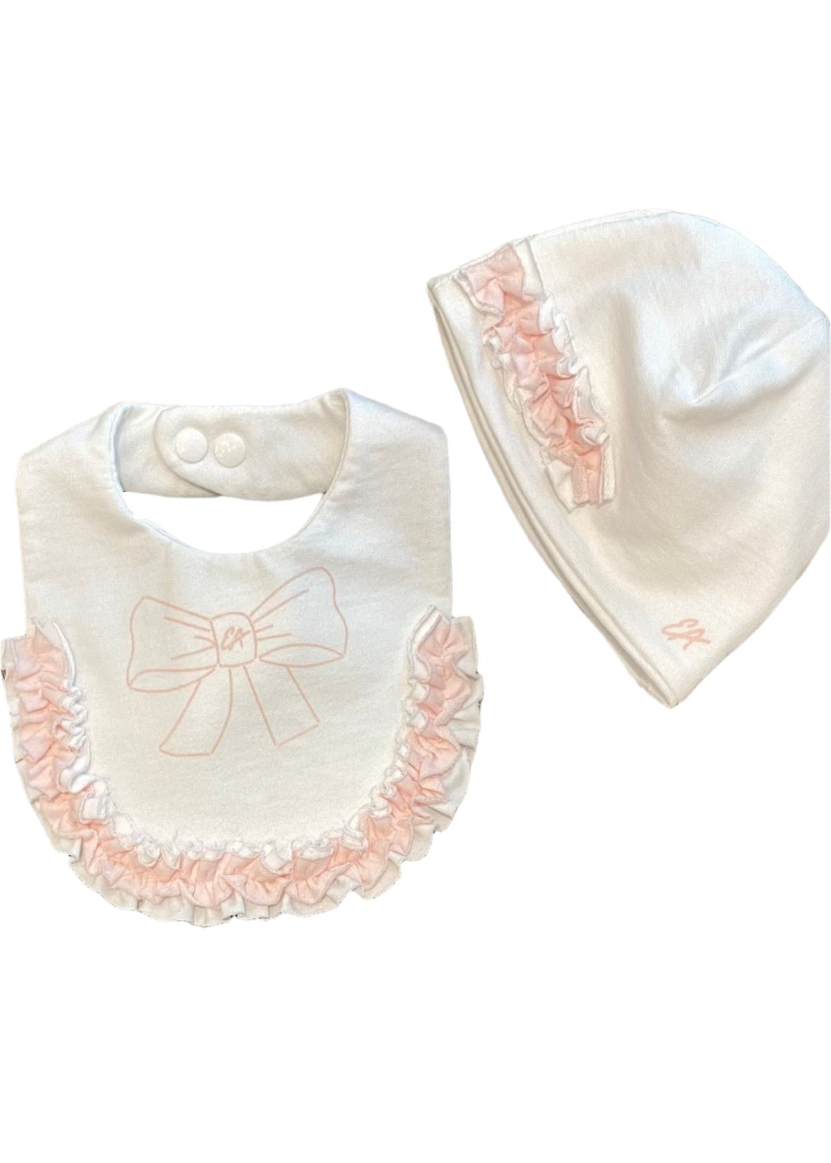 'EA' Ribbon Print Ruffled Hat and Bib